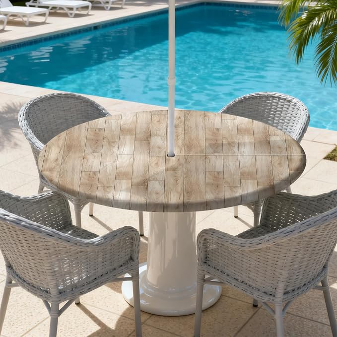 Outdoor Tablecloth with Umbrella Hole and Zipper Fits 61-65" Tables | Waterproof Round Fitted Tablecloth with Elastic Edge, Wipeable Outdoor Table Cover for Patio, Garden, Picnic
