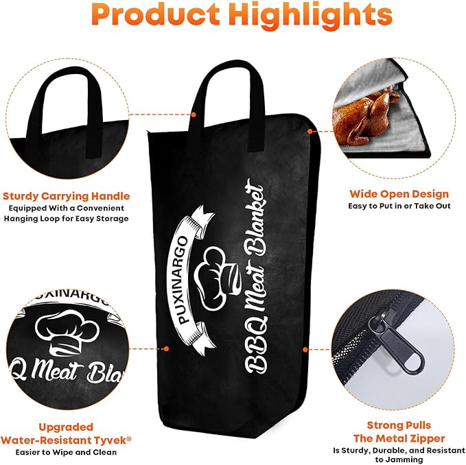 BBQ Blanket for Resting Meat, Puxinargo Brisket Blanket Meat Resting Bag for Smoking, Grilling Meat Insulated Resting Bag with Wide Mouth & Reinforced Handles for Large Brisket/Turkey, Large 23"