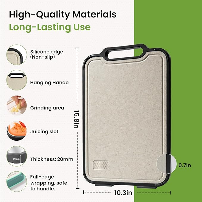 Titanium Cutting Board for Kitchen, Double Sided Titanium Cutting Board with Juice Groove, Metal Chopping Board for Kitchen, Titanium & Wheat Straw PP, Dishwasher Safe, 16”×10”