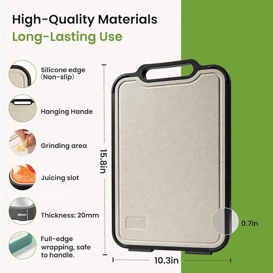 Titanium Cutting Board for Kitchen, Double Sided Titanium Cutting Board with Juice Groove, Metal Chopping Board for Kitchen, Titanium & Wheat Straw PP, Dishwasher Safe, 16”×10”