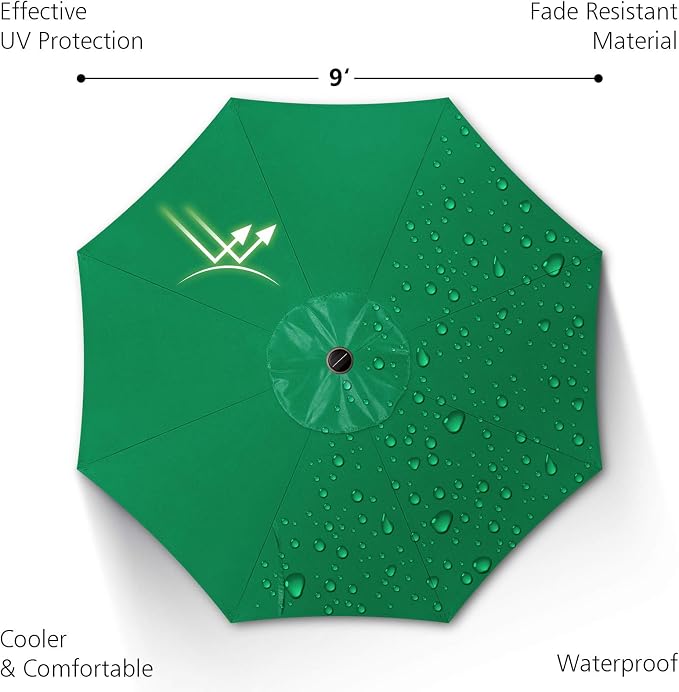 Patio Umbrella with Solar Lights, 9ft, 24 LED, Grass Green, Outdoor Umbrella with Push Botton Tilt & Crank, Heavy-Duty, Vented, Ideal for Garden, Backyard & Pool