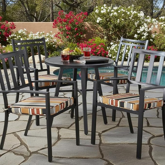 Outdoor 18 inch Square Patio Dining Chair Pads – Comfortable Fiber-Filled Seat Cushions with Ties, Reversible Polyester Fabric - Brick Stripe, Set of 4