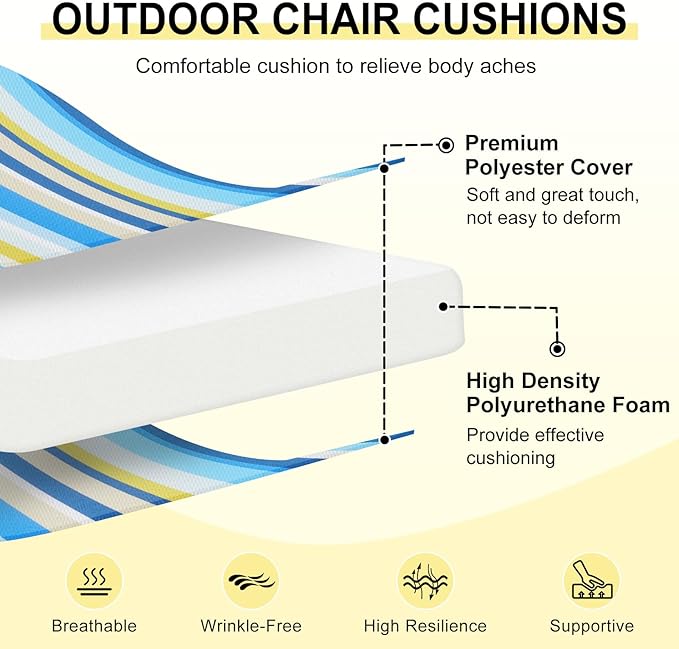 downluxe Outdoor Chair Cushions Set of 4 for Patio Furniture, Water-Resistant Patio Chair Cushions with Ties, High Density Foam Outdoor Seat Cushion, 17" X 16" X 2", Blue Stripes