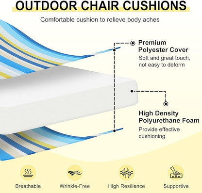 downluxe Outdoor Chair Cushions Set of 4 for Patio Furniture, Water-Resistant Square Corner Patio Chair Cushions with Ties, High Density Foam Outdoor Seat Cushion, 18.5" X 16" X 3", Blue Stripes