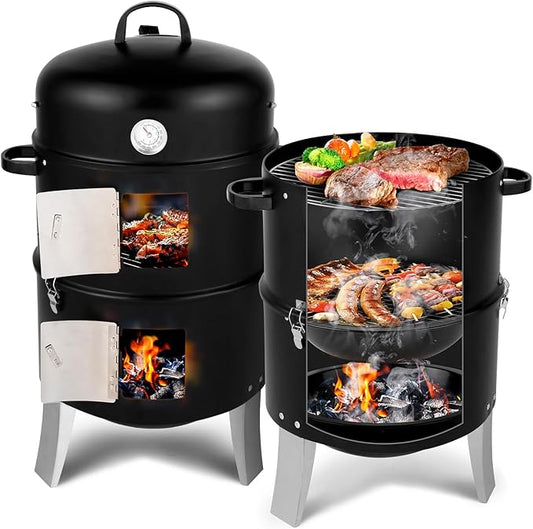 18.5" Vertical Steel Barrel Charcoal Grill,Metal Outdoor Barbecue Smoker,Portable Vertical Charcoal Smoker Grill,Heavy Duty Outdoor BBQ Grill,with Thermometer,for Garden Patio Beach Backyard (Black)