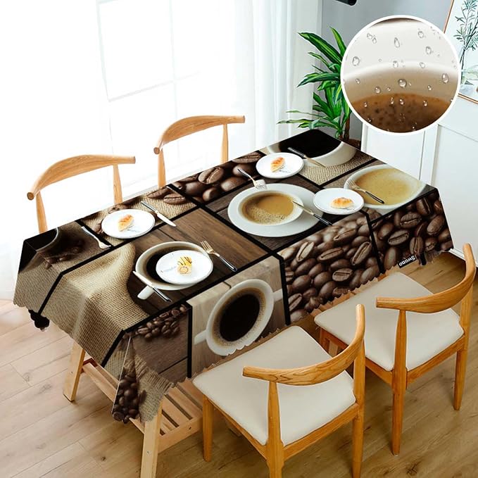Swono Tablecloth Coffee Collage, Black Coffee Mugs Beans On Wooden Table Table Cloth for Kitchen Dining Tabletop Decoration Parties Weddings, 52 X 70 Inch Rectangle Tablecloth