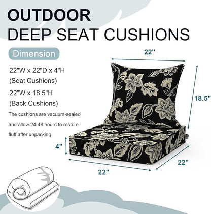 DYTXIII Outdoor Deep Seat Cushion Set, Water Repellent 22"x22" Patio Thick Cushions Replacement with Seat & Back Pillow for Patio Sofa, Wicker Chair, Couch - Vines Black