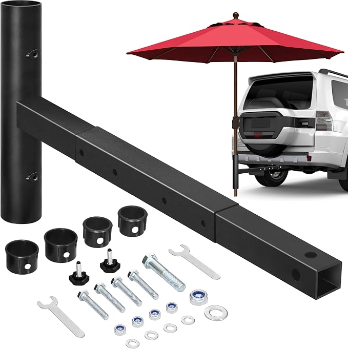 EliteShade USA Trailer Hitch Patio Umbrella Holder for 2 Inch Receiver, Heavy Duty Truck Hitch Umbrella Stand Mount for SUV, RV, Tailgate Parasol Holder for Camping, Sports, Fits 1.5"-1.9" Poles