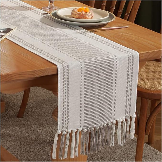 Caflife Boho Table Runner Natural Stripe for Modern Farmhouse Coffee Table Decor, Rustic Woven Runner with Handcrafted Tassels for Home Dining Table décor 13 x 72 Inch Long