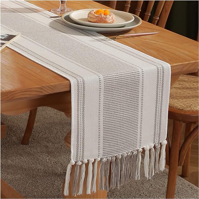 Caflife Boho Table Runner Natural Stripe for Modern Farmhouse Coffee Table Decor, Rustic Woven Runner with Handcrafted Tassels for Home Dining Table décor 13 x 90 Inch Long