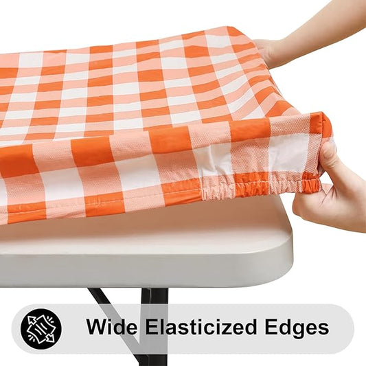 Smiry Rectangle Picnic Table Cloth, Elastic Waterproof Fitted Vinyl Tablecloths, Flannel Backed Buffalo Plaid Table Covers for Dining, Camping, Outdoor, Thanksgiving (White and Orange, 30" x 96")