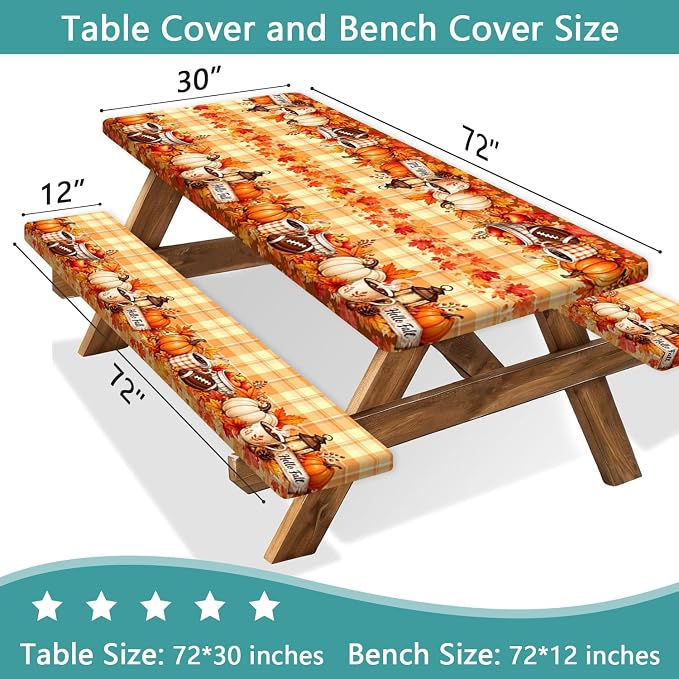 Fall Picnic Table Cover with Bench Covers with Drawstring Bag, Camping Essentials Autumn Maple Leaf Pumpkin Waterproof Oilproof Camping Tablecloth, Fitted Rectangle Tables and Seats, 3PCS, 30x72 Inch