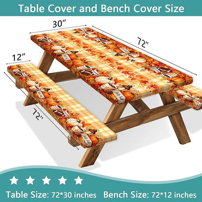 Fall Picnic Table Cover with Bench Covers with Drawstring Bag, Camping Essentials Autumn Maple Leaf Pumpkin Waterproof Oilproof Camping Tablecloth, Fitted Rectangle Tables and Seats, 3PCS, 30x72 Inch
