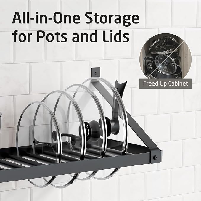 KES 75 lb High-Capacity Pot Rack Wall Mounted with Pot Lid Holder 34 Inch | Heavy Duty Pots and Pans Hanging Rack with 3X Thick One-Piece Frame & 20 Hooks, Drilling Template Provided, Matte Black