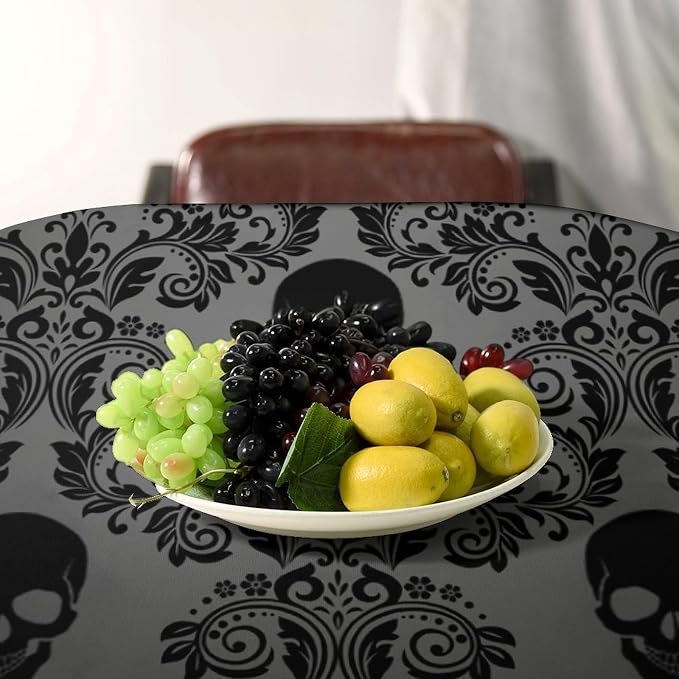 Gothic Black Damask Tablecloth, Vintage Floral Exotic Suger Skull Bohemian Antique Victorian Table Cloth Water Resistant Table Cover for Farmhouse Party Holiday Kitchen Dinner Table 55x55"