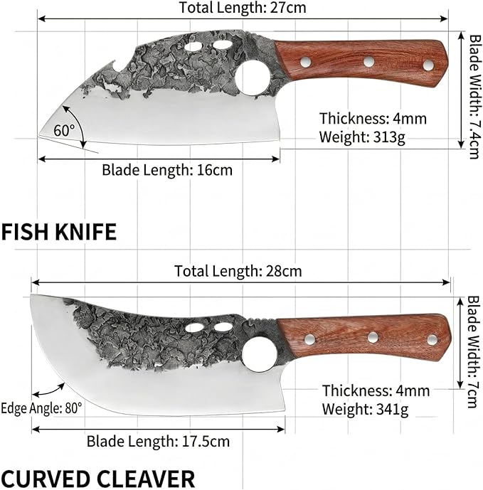 KOFERY Serbian Cleaver Hand Forged Viking Butcher Knife with 4Cr13 High Carbon Steel Full Tang for Camp Cooking, Outdoor BBQ, Butchering Meat & Fish, Includes Leather Sheath and Sharpener