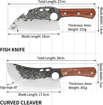 KOFERY Serbian Cleaver Hand Forged Viking Butcher Knife with 4Cr13 High Carbon Steel Full Tang for Camp Cooking, Outdoor BBQ, Butchering Meat & Fish, Includes Leather Sheath and Sharpener