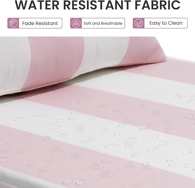 Crestlive Products Foldable Outdoor Chaise Lounge Cushions with Head Pillow and Side Pockets, Water Resistant & Fade Resistant Lounge Chair Cushion, 72''L x 21''W, Set of 2, Pink Stripe