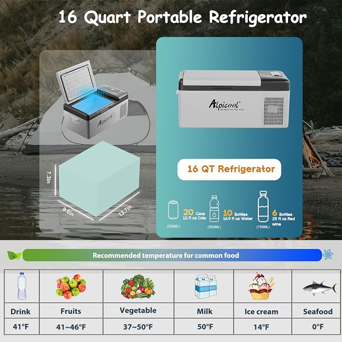 Alpicool C15 Portable Car Freezer,12 Volt Refrigerator, 16 Quart (15 Liter) Fast Cooling 12V Car Fridge -4℉~68℉, Car Cooler, 12/24V DC and 100-240V AC for Outdoor, Camping, RV, Truck, Boat