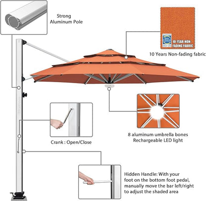 EliteShade USA APOLLO 3-Tier 11FT Full Aluminum Cantilever Patio Umbrella for Outdoor Restaurant Garden Courtyard Deck Pool and Marketing with Light (No battery), Rust