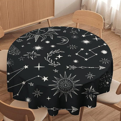 Sun Moon Round Tablecloth Boho Astrology Celestial Constellation Star Crescent Galaxy Space Table Cloth Water Resistant Wipeable Table Cover for Picnic Party Holiday Kitchen Dinner Table 36"