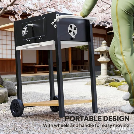 Black Outdoor Portable Charcoal BBQ Grill – Folding Side Table, Wheels, Thermometer for Camping