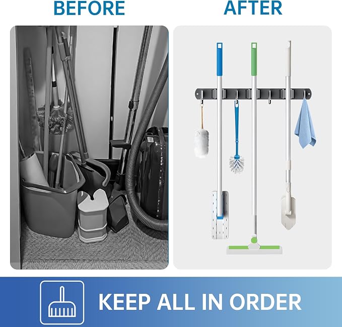 ZONGOOL 2 Pack Mop Broom Holder Wall Mount 3 Racks 4 Hooks Storage Black | 304 Rustproof Stainless Steel Broom Hanger, Non-Slip Wall Mount Organizer, Space Saving For Kitchen, Laundry, Garden