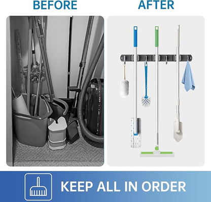 ZONGOOL 2 Pack Mop Broom Holder Wall Mount 3 Racks 4 Hooks Storage Black | 304 Rustproof Stainless Steel Broom Hanger, Non-Slip Wall Mount Organizer, Space Saving For Kitchen, Laundry, Garden