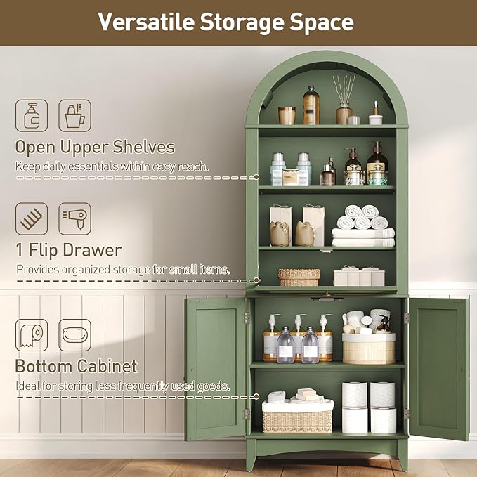 RALGEND 66" Tall Bathroom Storage Cabinet with Flip Drawer, Freestanding Storage Cabinet with Doors & Shelves,Arched Cabinets for Bathroom, Living Room, Kitchen, Laundry, Green