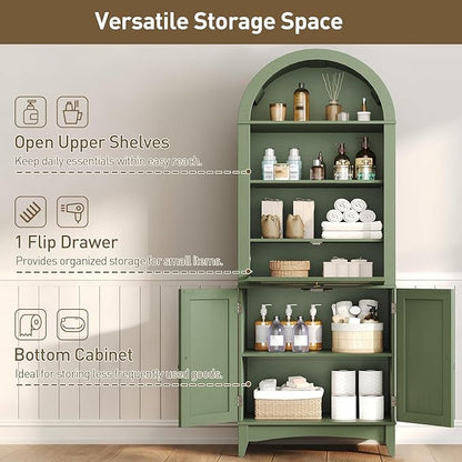 RALGEND 66" Tall Bathroom Storage Cabinet with Flip Drawer, Freestanding Storage Cabinet with Doors & Shelves,Arched Cabinets for Bathroom, Living Room, Kitchen, Laundry, Green