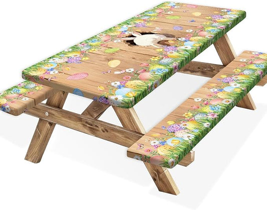 Easter Picnic Table Cover with Bench Covers, Cute Bunny Flower Brown Wooden Board Camping Tablecloth, Waterproof Windproof, Fitted Tablecloth Cover with Elastic Edge, for Outdoor, 3 PCS, 30x60 Inch