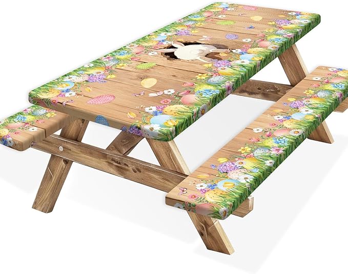 Easter Picnic Table Cover with Bench Covers, Cute Bunny Flower Brown Wooden Board Camping Tablecloth, Waterproof Windproof, Fitted Tablecloth Cover with Elastic Edge, for Outdoor, 3 PCS, 30x72 Inch
