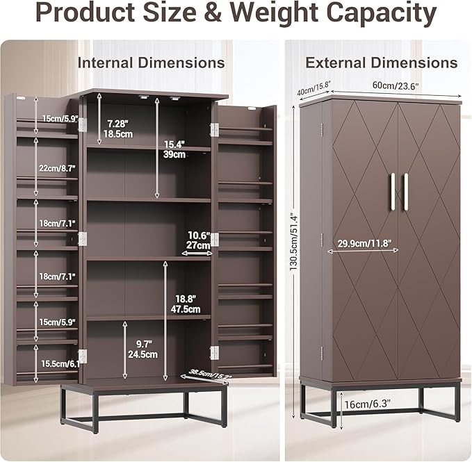 kepptory Brown Pantry Cabinet with Golden Metal Base, 51" Freestanding Kitchen Storage Cabinet, Adjustable Shelves Food Pantry Organization for Kitchen, Living Room, Hallway, Tall Pantry Cabinet