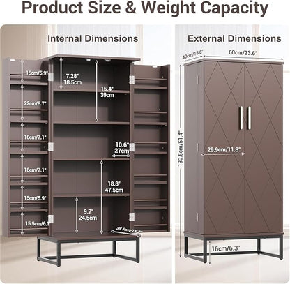 kepptory 51" Pantry Cabinet with Diamond-Patterned Doors and Golden Handles, Freestanding Kitchen Storage Cabinet with 17 Shelves, Tall Metal Base, Adjustable Feet, Grey (Brown, 16"D x 24"W x 51"H)