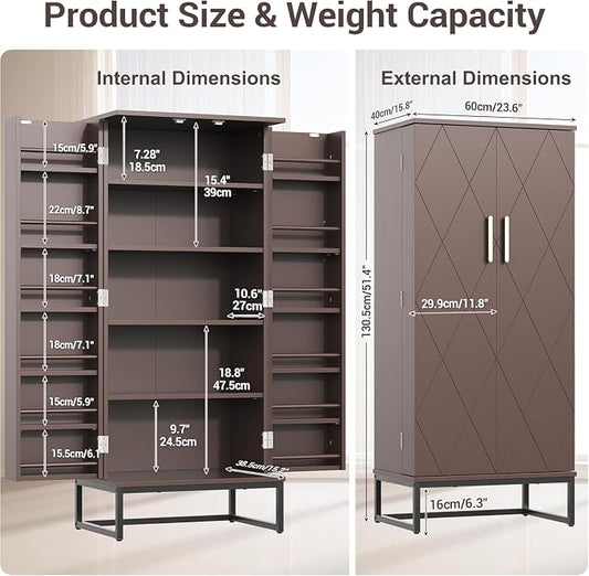 kepptory 51" Pantry Cabinet with Diamond-Patterned Doors and Golden Handles, Freestanding Kitchen Storage Cabinet with 17 Shelves, Tall Metal Base, Adjustable Feet, Grey (Brown, 16"D x 24"W x 51"H)