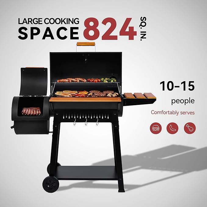 Barrel Charcoal Grill with Offset Smoker, 824 Sq. In. Cooking Area, Wooden Front Shelf, Bottom Shelf, Blow-Molded Wheels, Outdoor Charcoal Grill for Backyard Cooking, Black,CC1831W