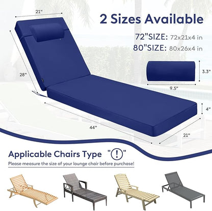 Chaise Lounge Cushion for Outdoor Furniture, Waterproof, Fade-Resistant and Tear Resistant, Patio Lounger Pads with Removable Cover for Pool, Deck, Lawn, 72x21x4 Inch, Royal Blue