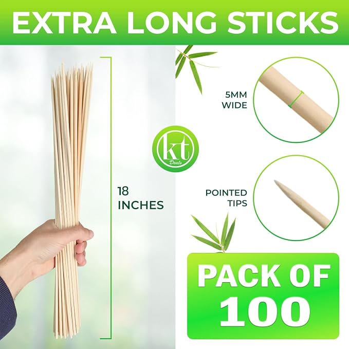 100pcs 18" long Bamboo Skewers Sticks for BBQ Kabob Grilling Barbecue Marshmallow Roasting Stick 4mm Thick Wooden Skewer Smore Sticks Craft (18 inch)
