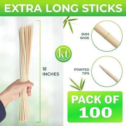 100pcs 18" long Bamboo Skewers Sticks for BBQ Kabob Grilling Barbecue Marshmallow Roasting Stick 4mm Thick Wooden Skewer Smore Sticks Craft (18 inch)