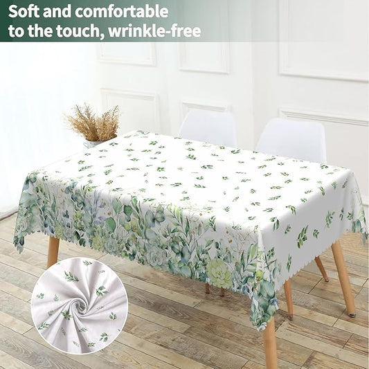 Floral Rectangular Tablecloth 60"x84" – Green Eucalyptus and Flower Design, Fabric Waterproof Table Cloth for Dining, Kitchen, Outdoor BBQ and Picnic Party Decor