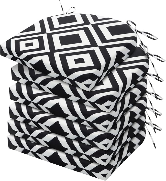 HARBOREST Outdoor Chair Cushions Set of 6, Water Resistant Patio Chair Cushions with Ties, Outdoor Seat Cushions for Patio Furniture, 17"x16"x2", Black/White Diamond