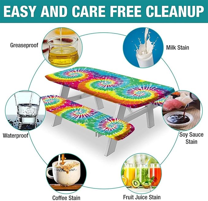 Rainbow Picnic Tablecloth and Bench Cover, 3 Piece Set, Digital Spiral Colored Psychedelic Fitted Table Cloths for Indoor Outdoor, Party, Patio Use, 72x28 in