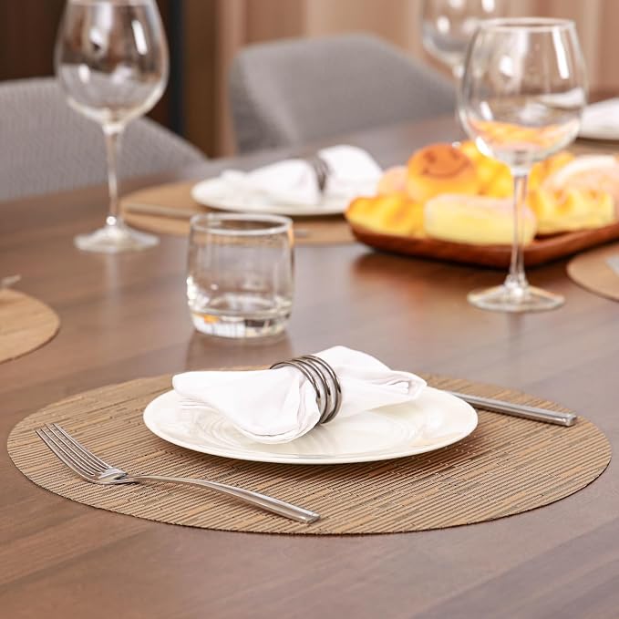 15 Inch Round Placemats Set of 8, Washable Vinyl Woven Place Mats | Heat Resistant Non-Slip Braided Table Mats for Dining Table Kitchen Indoor & Outdoor Use (Light Brown, Set of 8)