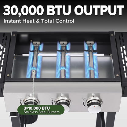 3-Burner Flat Top Grill with Folding Side Tables, Outdoor Griddle Grill with Storage Cover, 30,000 BTU Flat Grill with Stainless Steel Cooking Surface for BBQ, Camping, Tailgating