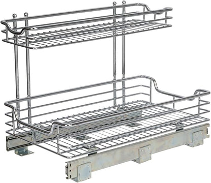 Household Essentials Glidez 2‑Tier Large Multipurpose Chrome‑Plated Steel Pull‑Out/Slide‑Out Under Sink Organizer, Chrome Finish