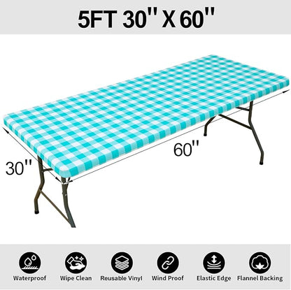 Smiry Rectangle Picnic Table Cloth, Elastic Waterproof Fitted Vinyl Tablecloths, Flannel Backed Buffalo Plaid Table Covers for Dining, Camping, Outdoor (White and Teal, 30" x 60")