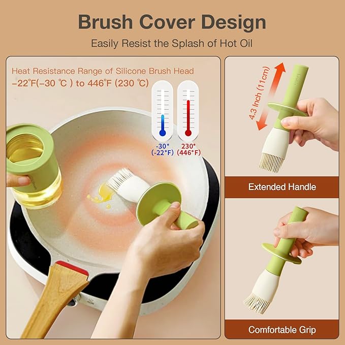 YARRAMATE 300ml /10oz Oil Dispenser with Brush - Glass Oil Bottle for Kitchen with Silicone Heat Resistant Basting Brush - Cooking Brush for Vinegar Sauce BBQ Grill Frying - Green
