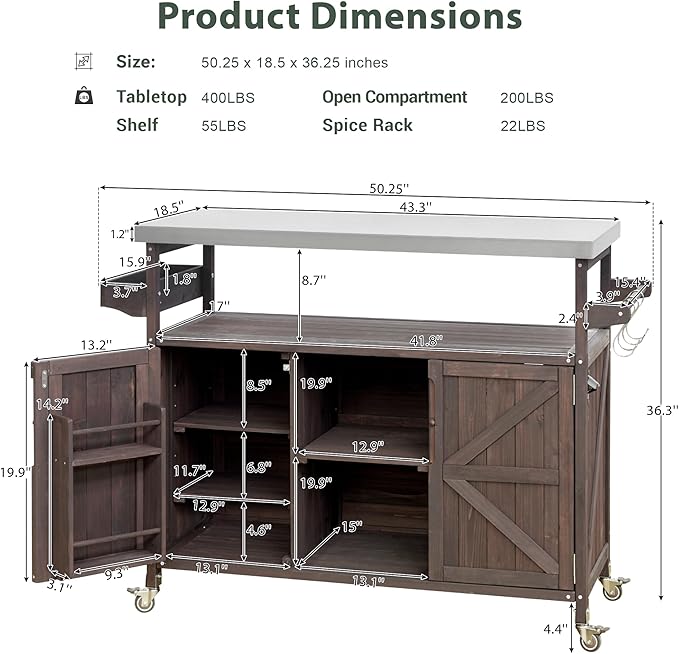 Ball & Cast Outdoor Kitchen Island,Rolling Bar Cart & Storage Cabinet,Farmhouse Solid Wood Outdoor Grill Table with Stainless Steel Top,Spice and Towel Rack,for Kitchen,Barbecue,Dark Brown,50.25"