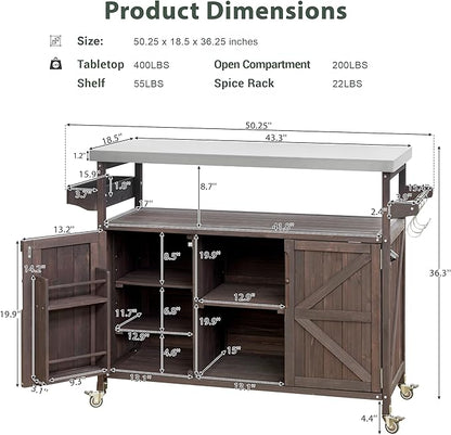 Ball & Cast Outdoor Kitchen Island,Rolling Bar Cart & Storage Cabinet,Farmhouse Solid Wood Outdoor Grill Table with Stainless Steel Top,Spice and Towel Rack,for Kitchen,Barbecue,Dark Brown,50.25"