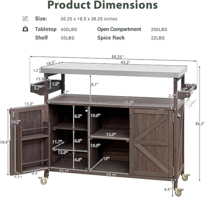 Outdoor Kitchen Island, Rolling Bar Cart & Storage Cabinet, Farmhouse Solid Wood Outdoor Grill Table with Stainless Steel Top, Spice Rack, Towel Rack for Kitchen & Barbecue, Dark Brown